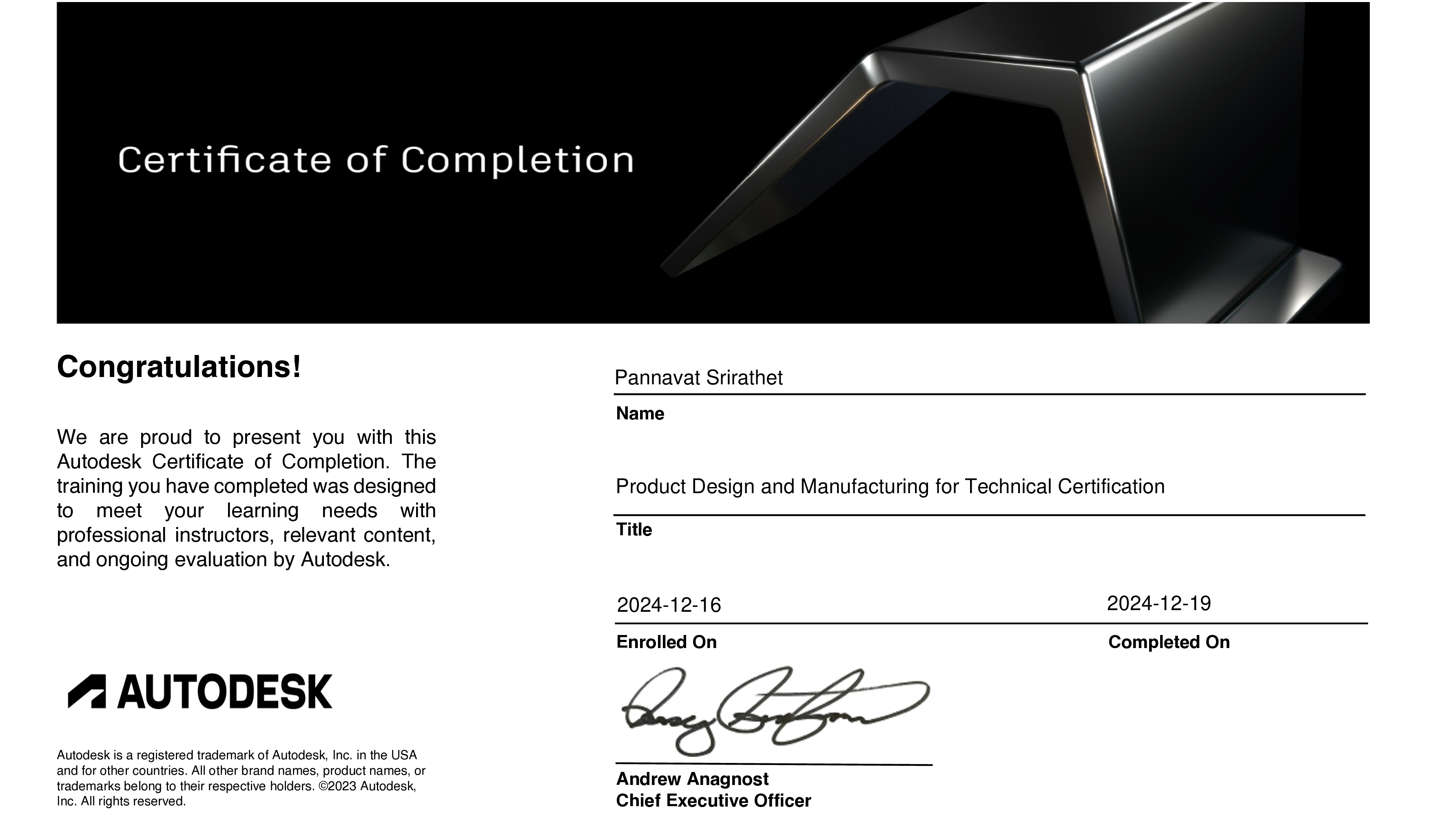Autodesk Certificate of Completion